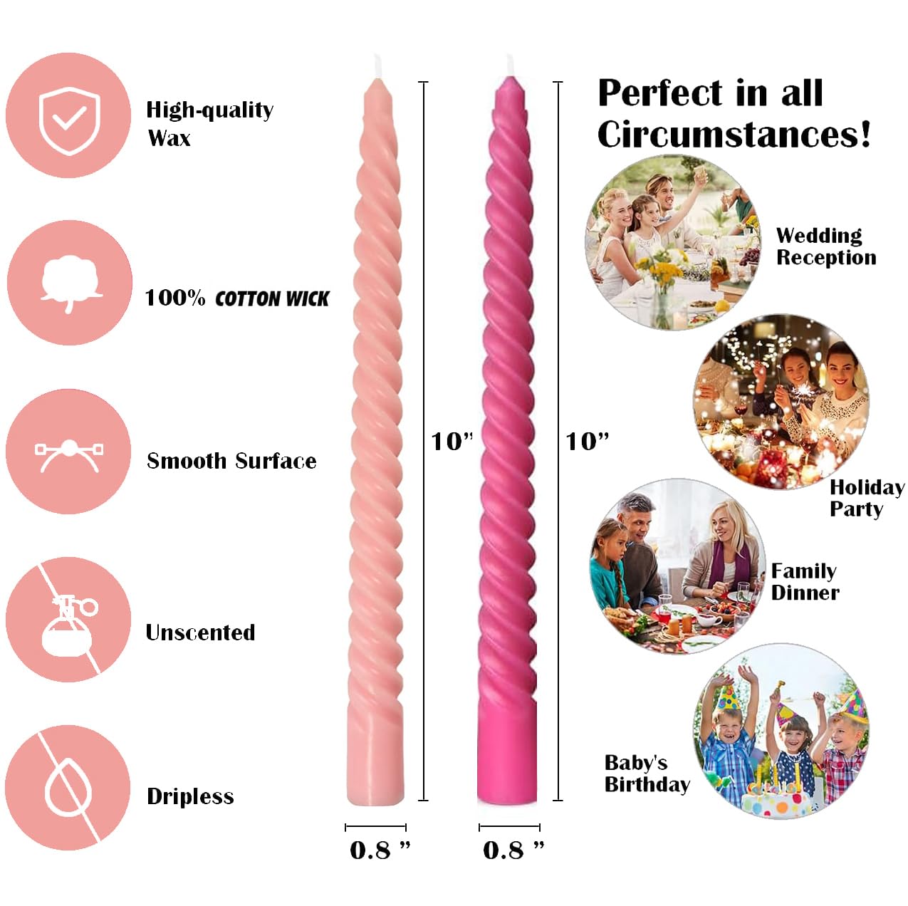 10 Pack Pink and 10 Pack Hot Pink Spiral Taper Candles for Holiday Home Decoration, 10 Inch Unscented Dripless Twisted Candlesticks for Dinner Party Wedding Valentines Day Baby Shower and Easter