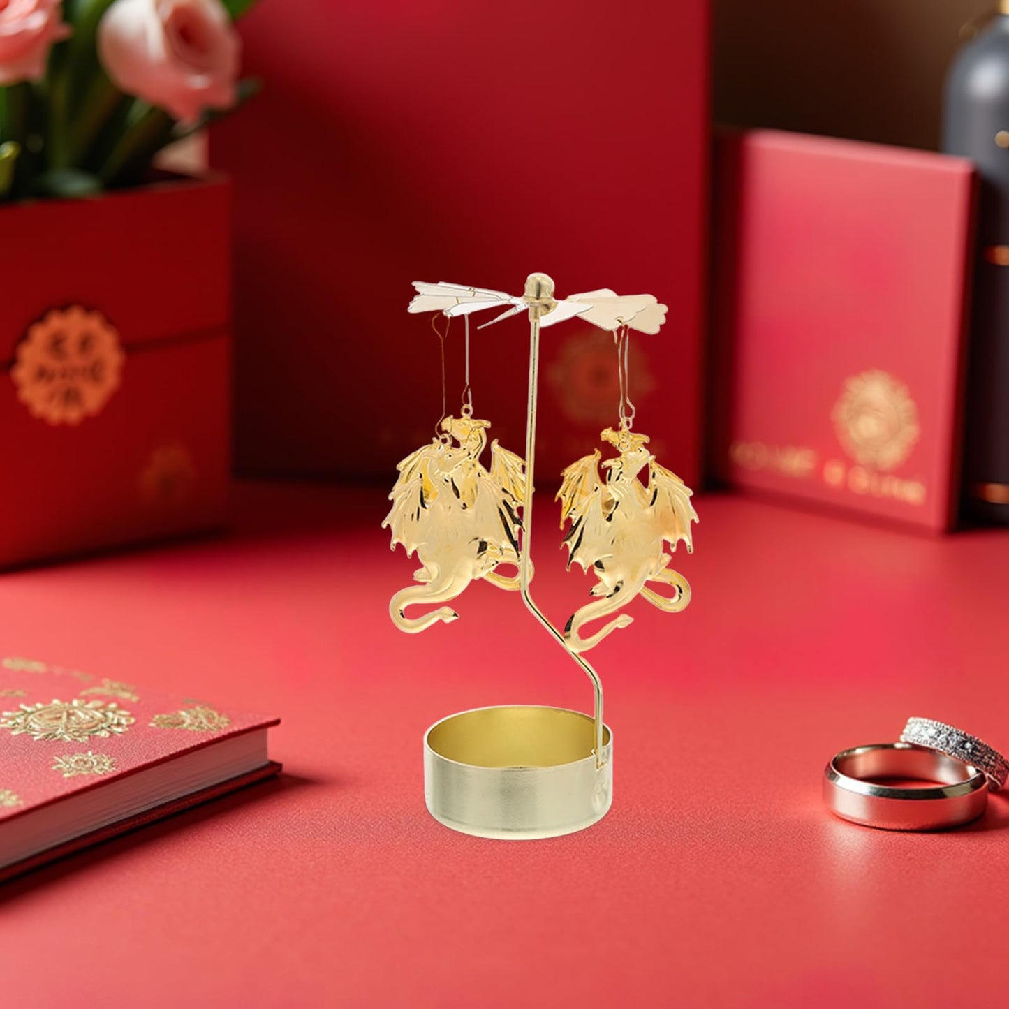 Cabilock Metal Rotary Tealight Holder: Carousel Candlestick - Heat-Activated Spinning Candle Holder Dragon Motif for Festive Occasions Romantic Ambiance