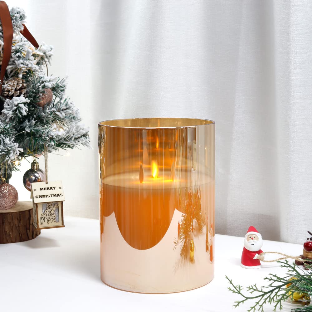 JHY DESIGN Large 3-Wick Glass Flameless Candles 8''H Battery Operated Dancing Flame Flickering LED Pillar Candles with 6-Hour Timer Real Wax Candles for Home Wedding Party Festival(Gold)