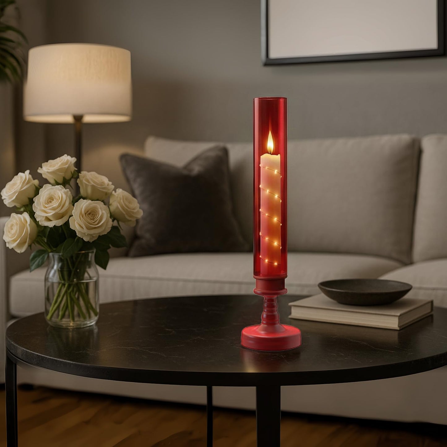 Prerish 6 PCS Flameless Candles with Timer, Flickering Flameless LED Pillar Candles for Romantic Ambiance with Embedded Star String, Acrylic Battery Perated Fake Candles for Home Decoration (Red)