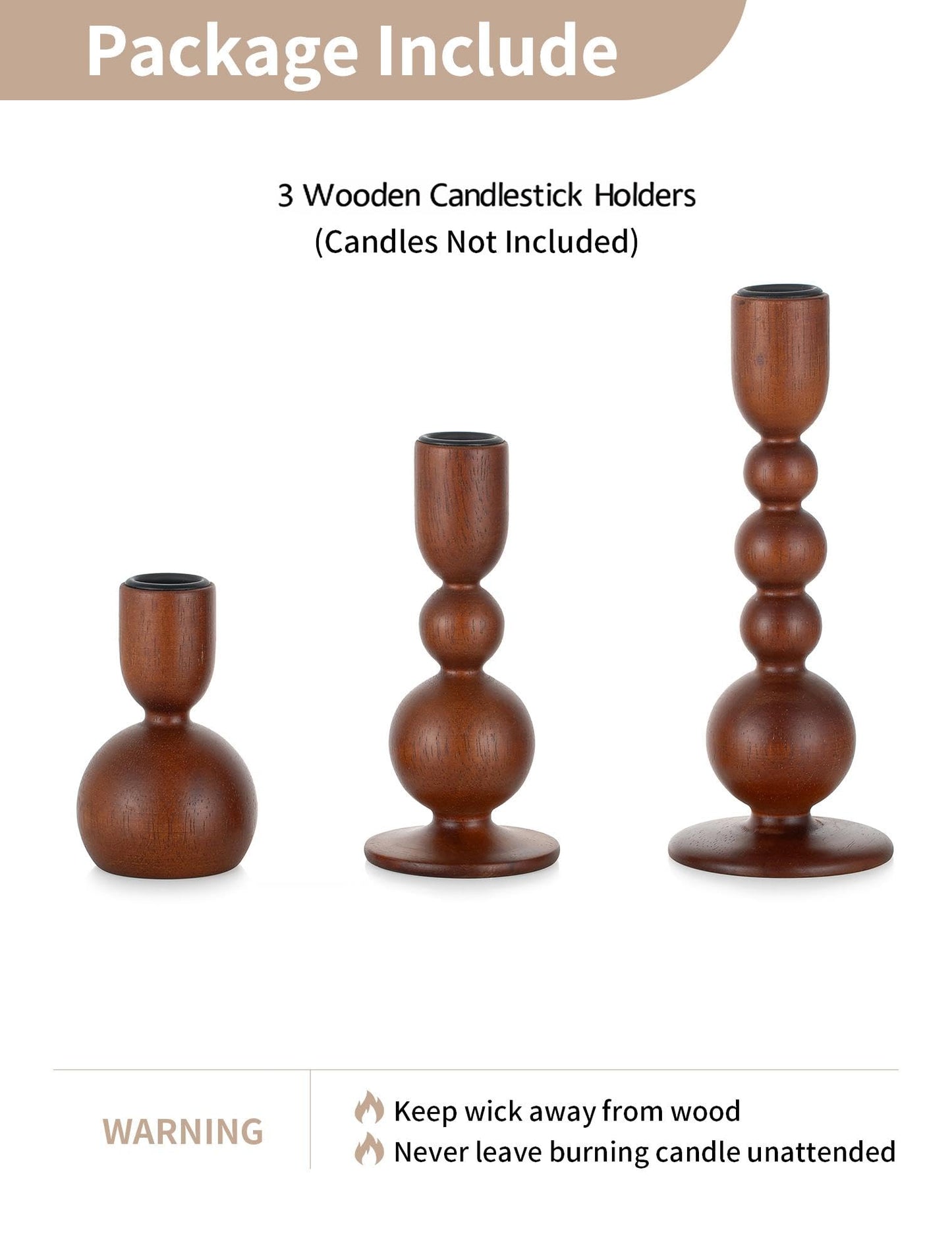 NUPTIO Candlestick Holders for Home Decor: Set of 3 Wood Taper Candle Holders for Thanksgiving Table Centerpieces - Mid Century Modern Caramel