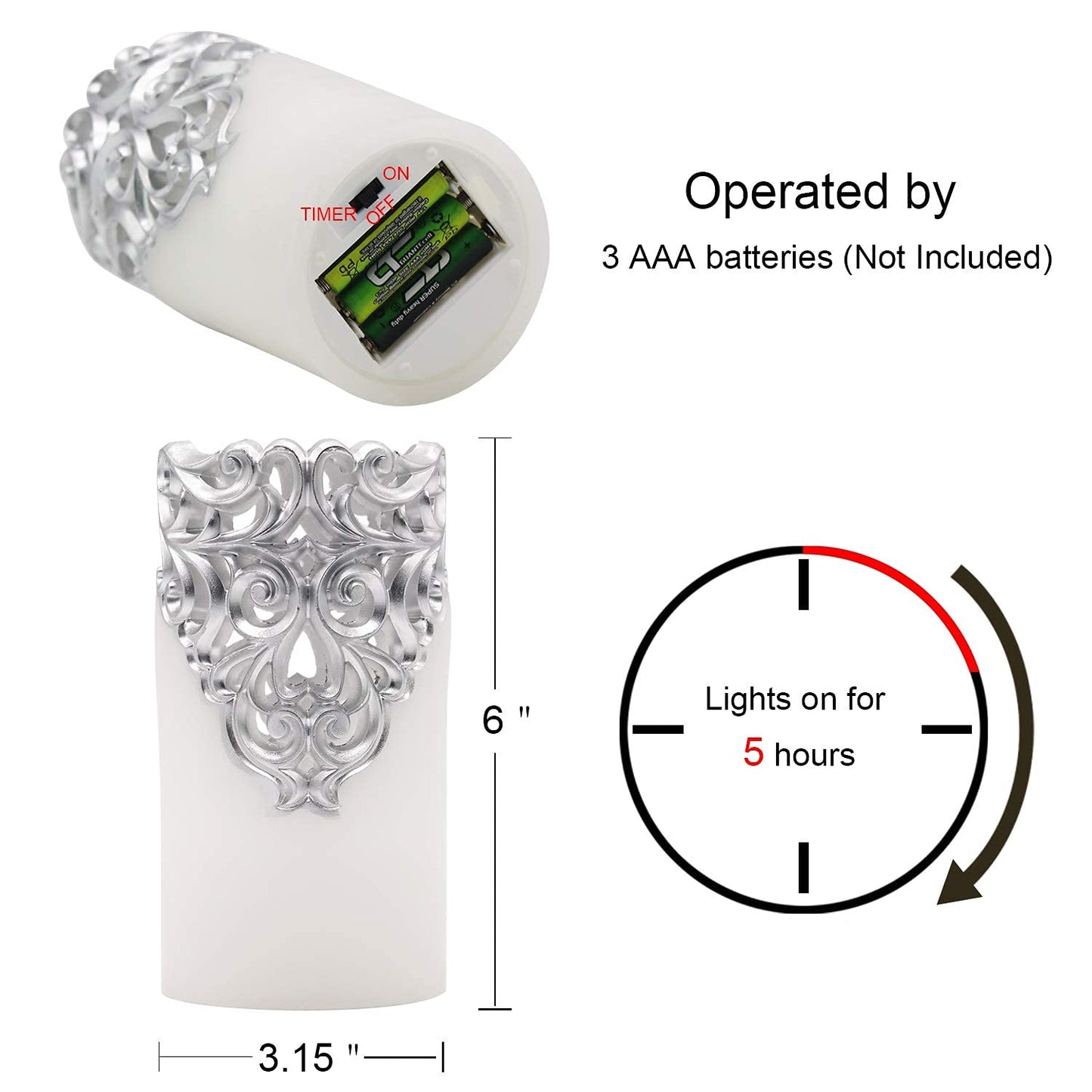 DRomance Hollow Silver Flameless Flickering Candles with 5H Timer, Battery Operated LED Pillar Candles Unscented Wax Warm Light Christmas Home Decoration(Set of 2, 3 x 6 Inches)