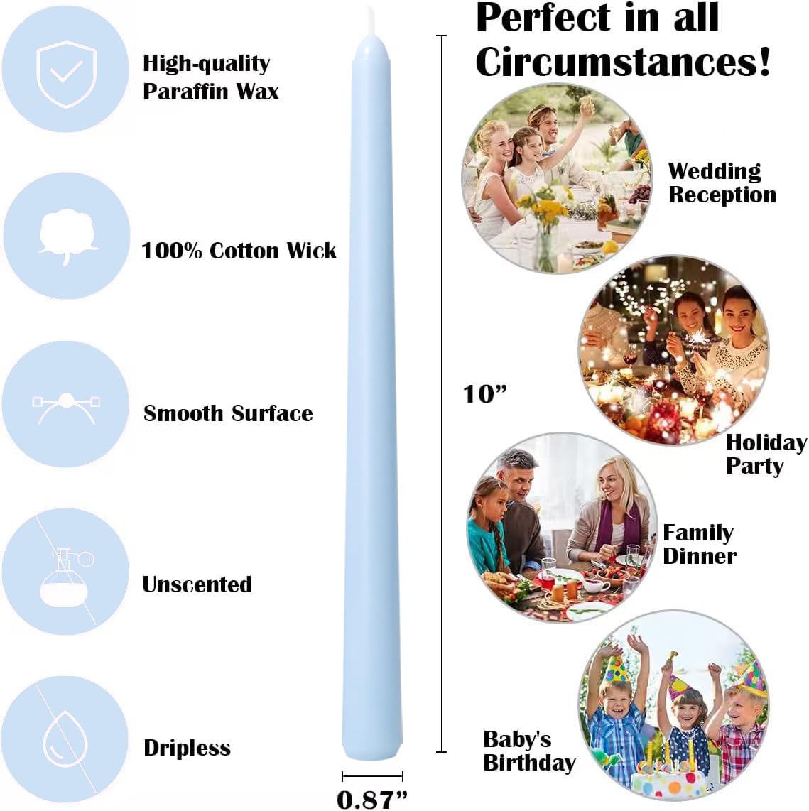 12-Pack Ice Blue Taper Candles, 10 Inch Unscented Dripless Candlesticks, Long-Lasting Burn Time of 7-8 Hours, Perfect for Home Décor Weddings Babyshower and Events