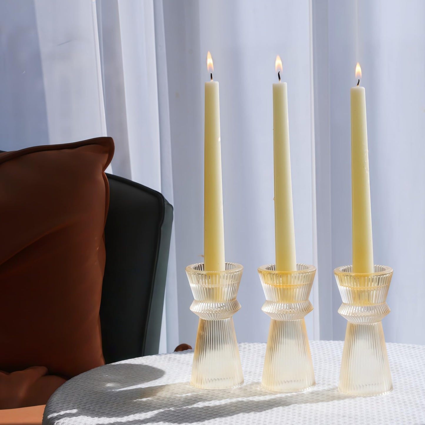 VOHO Gold Candlestick Holders for Holiday Decor, Set of 3 Ribbing Glass Taper Candle Holders Classy for Wedding Christmas Table Centerpieces, Gold Candle Holders for Candle Sticks & Tealight Candles