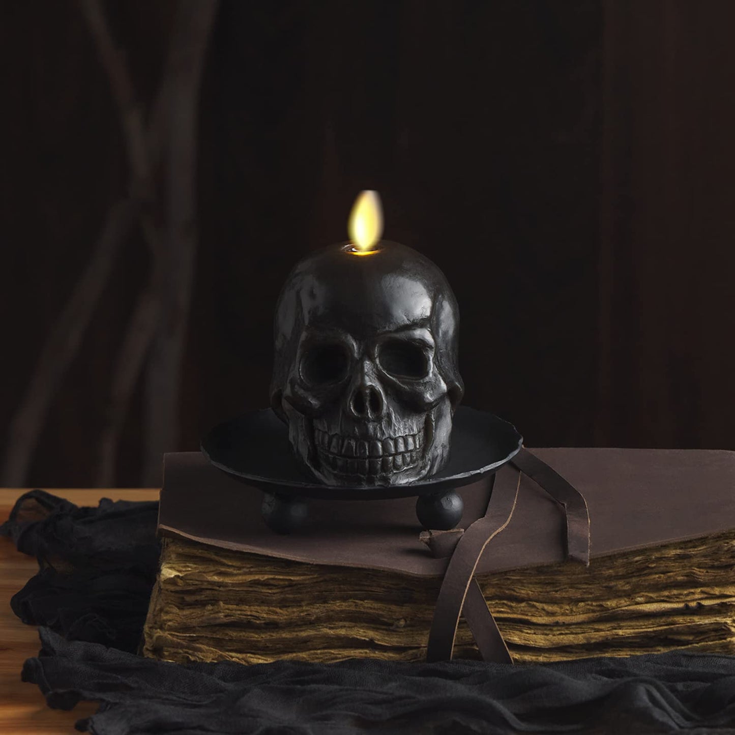 Luminara Flameless Single LED Moving Flame Small Skeleton Skull Figural (3.75" x 4.25") Real Wax LED Candle, Unscented, Timer - Black