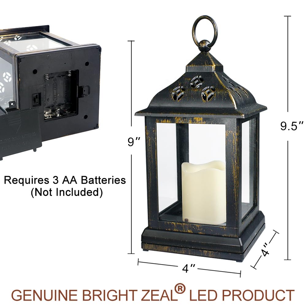 Bright Zeal 2-Pack 9.5" Distressed Bronzes Indoor Candle Lantern with LED Flameless Candle - Battery Operated Lanterns Indoor Decorative Lanterns with Timer Candles