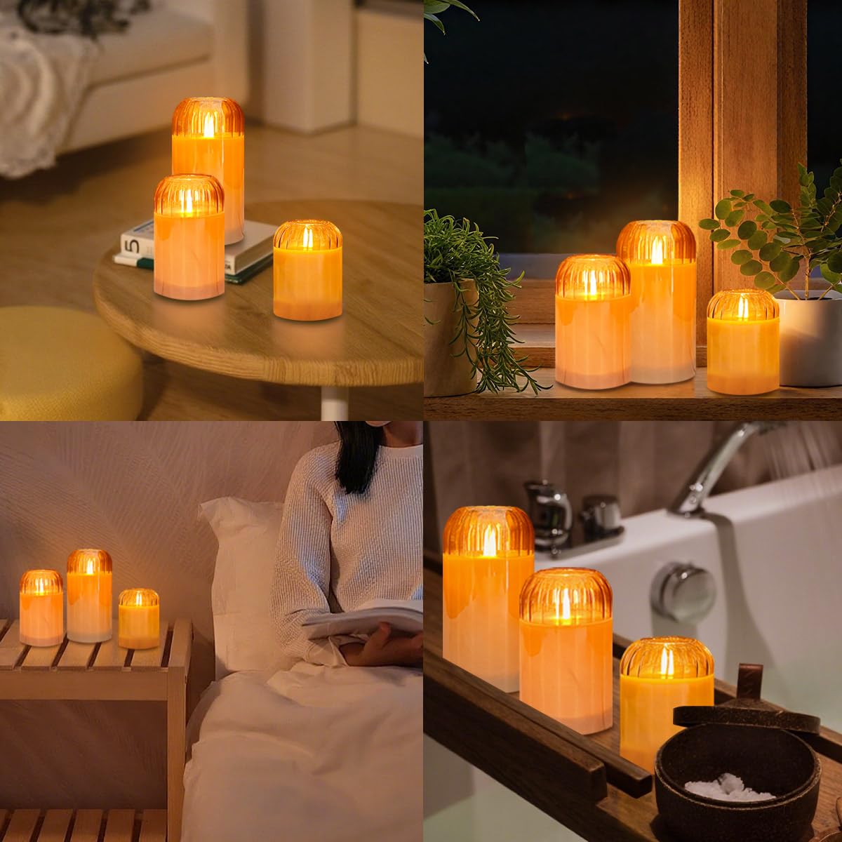 NICE POINT 3Pcs LED Candle Set Rechargeable with Remote Control,Gold Glass Flameless Candles,Candle Lights for Home Decor, Bedroom, Bathroom Accessories,Pumpkin Fake Candles for Halloween
