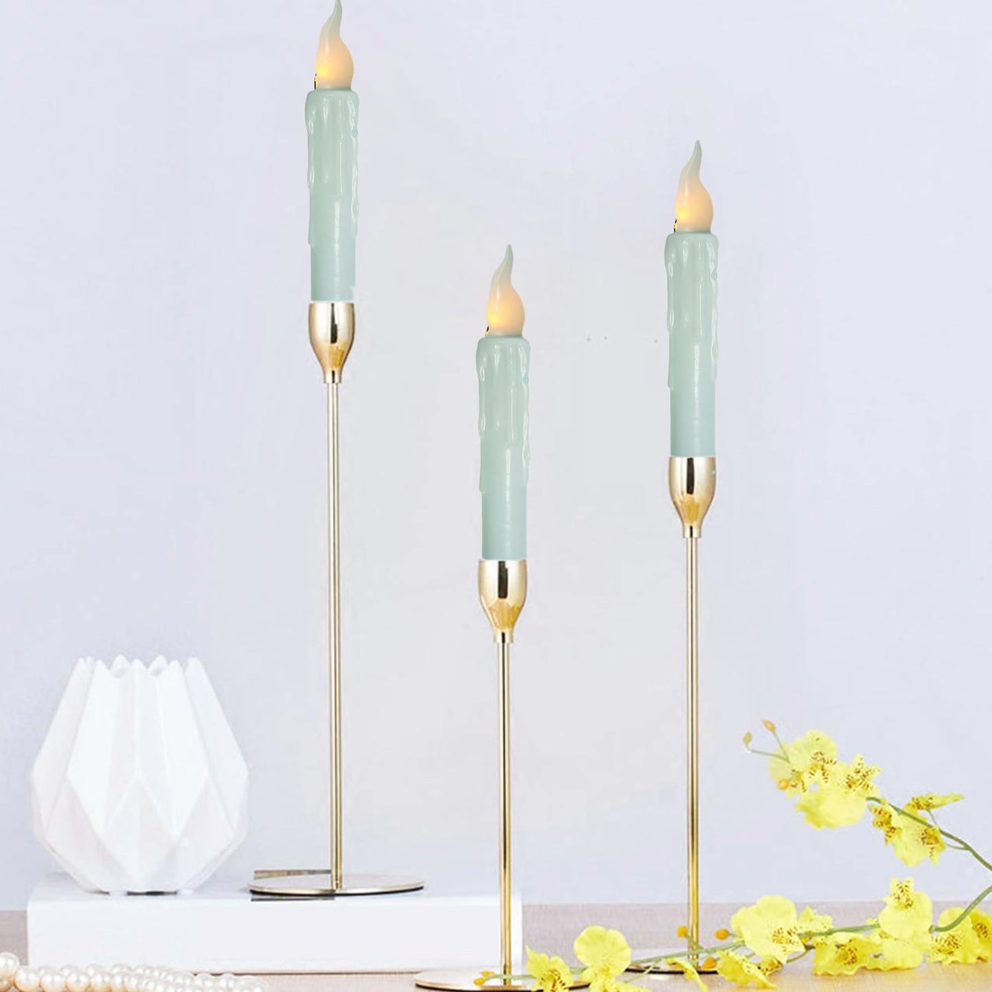 FCMSHAMD Blue Flameless Short Taper Candles, Real Wax Hand Dipped LED Battery Operated with Remote, Flickering Flame Lights for Festival Party Home Décor, 6.7 Inch Primitive Flameless Candles, 4PCS