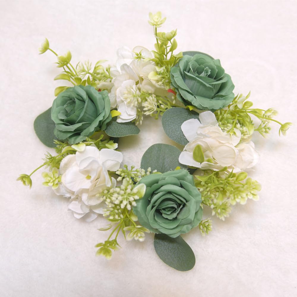 4 Pcs Candle Rings Wreaths,Artificial Hydrangea Wreath Candles Wreaths for Pillars Christmas Wedding Home Table Party Decoration (Green)