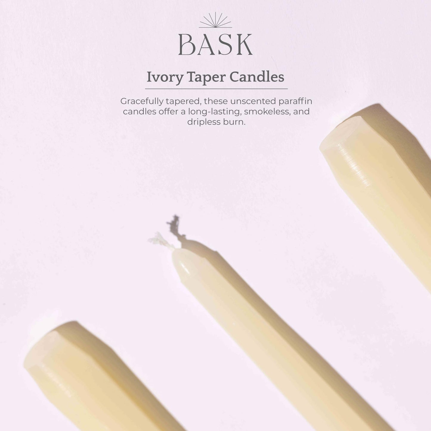 Bask 10-inch Taper Candles - Unscented and Dripless - Burns for 8 Hours - Home Decor for Dinner Table, Kitchen, and Bedroom - Perfect for a Romantic Date or Anniversary - 12-Pack - Ivory
