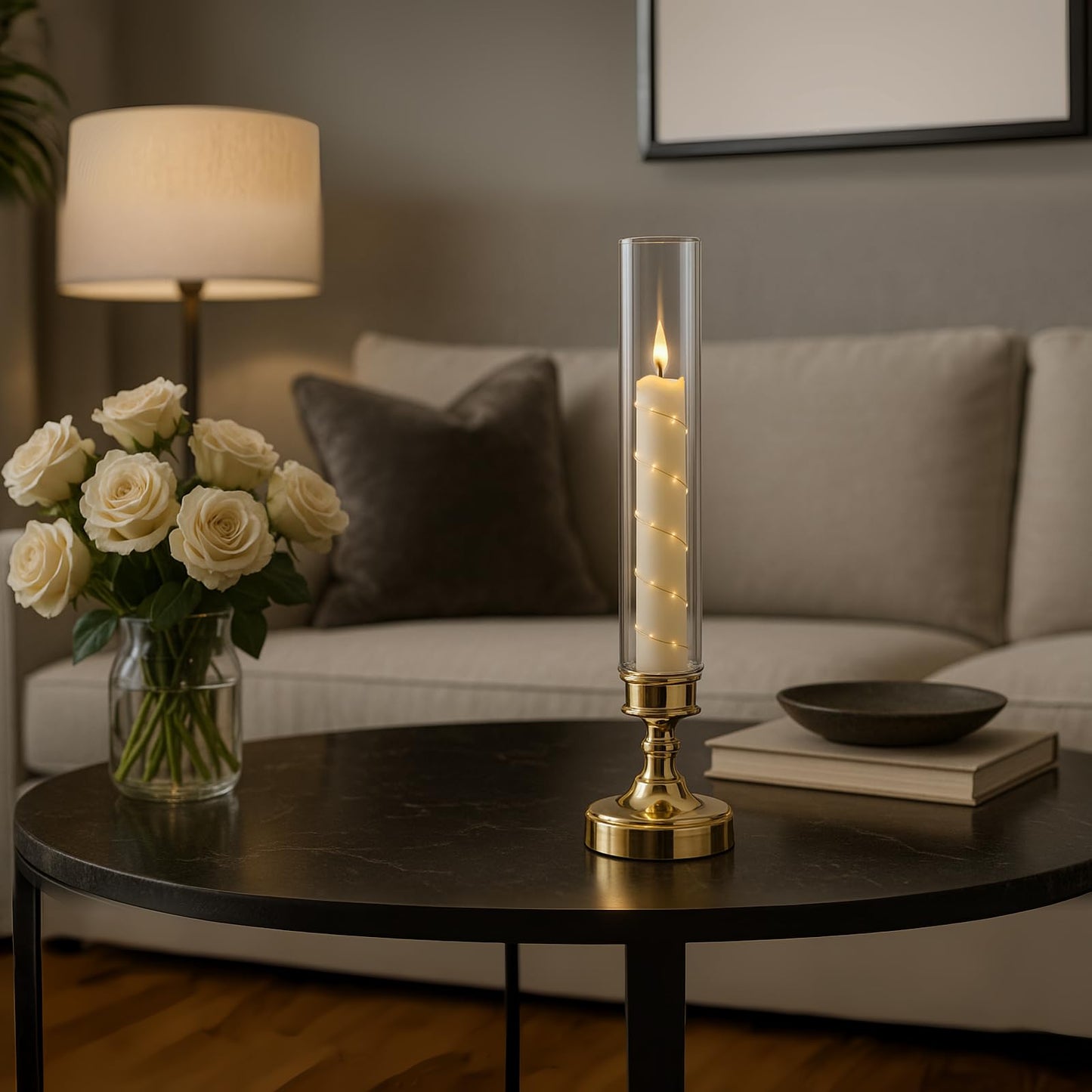 Prerish 6 PCS Flameless Candles with Timer, Flickering Flameless LED Pillar Candles for Romantic Ambiance with Embedded Star String, Acrylic Battery Perated Fake Candles for Home Decoration (Gold)