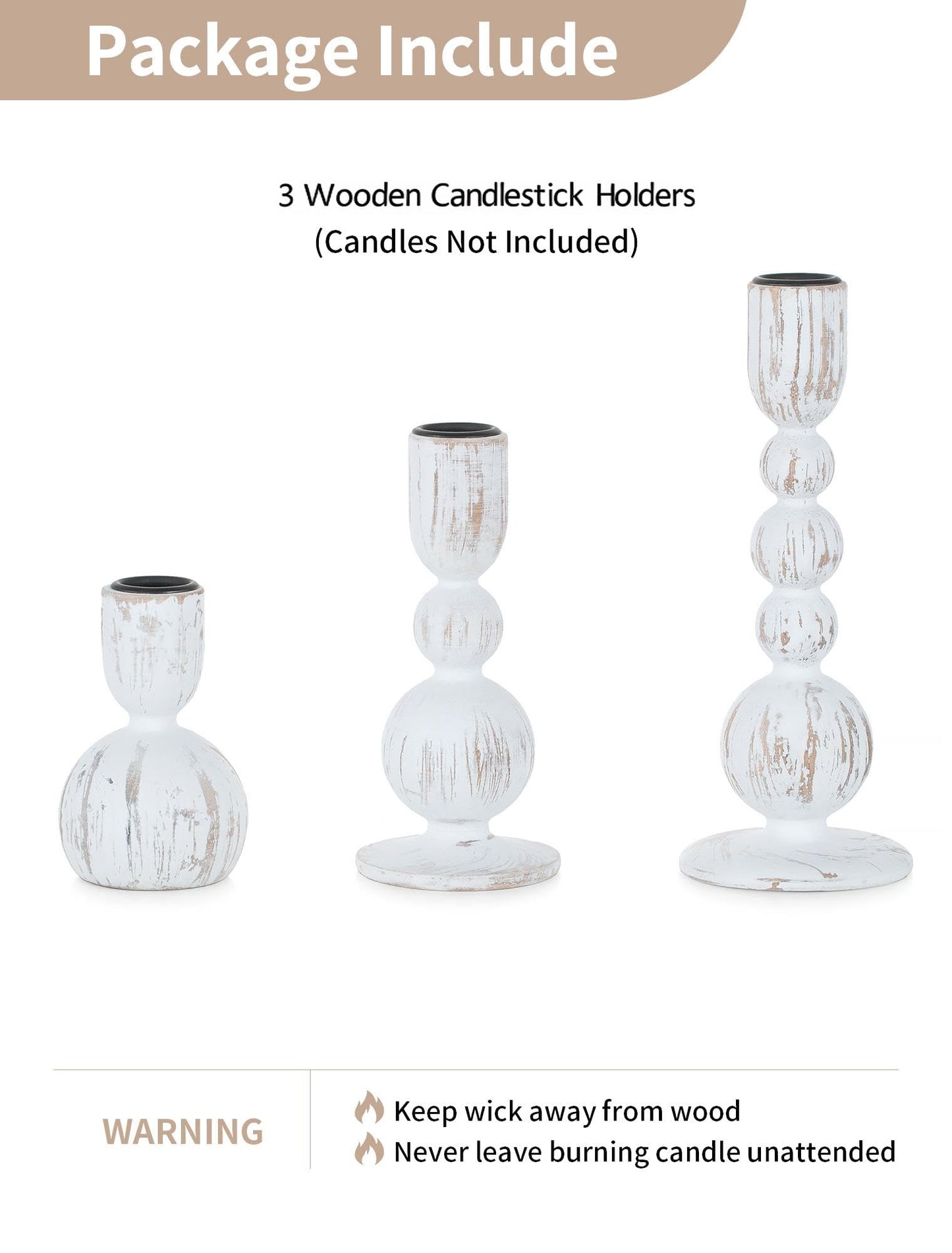 NUPTIO Taper Candle Holders Decor: Set of 3 Wooden Candlestick Holders Mantel Decor - Boho Farmhouse Rustic White