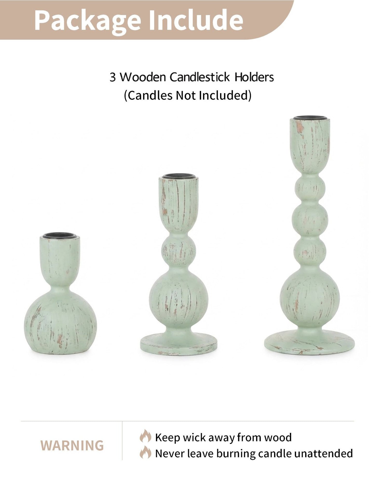 NUPTIO Candle Stick Holders Decor: Set of 3 Farmhouse Wooden Taper Candle Holders - Rustic Sage Green for Home Coffee Dinner Table