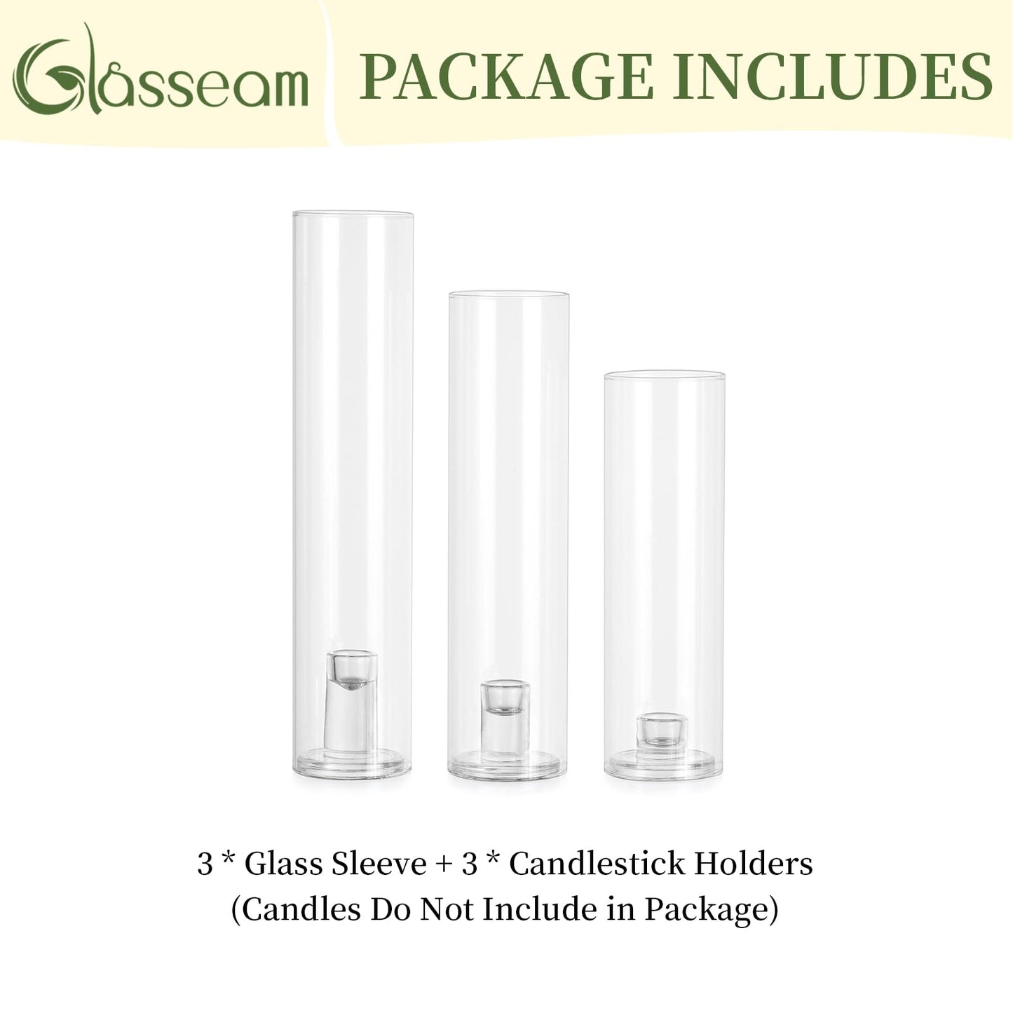 Glasseam Hurricane Taper Candle Holders: Set of 3 Glass Candlestick Holders with Clear Tall Cylinder Candle Sleeves for Centerpiece Table Outdoor Wedding Home Decor 9.84''/11.84''/13.78''