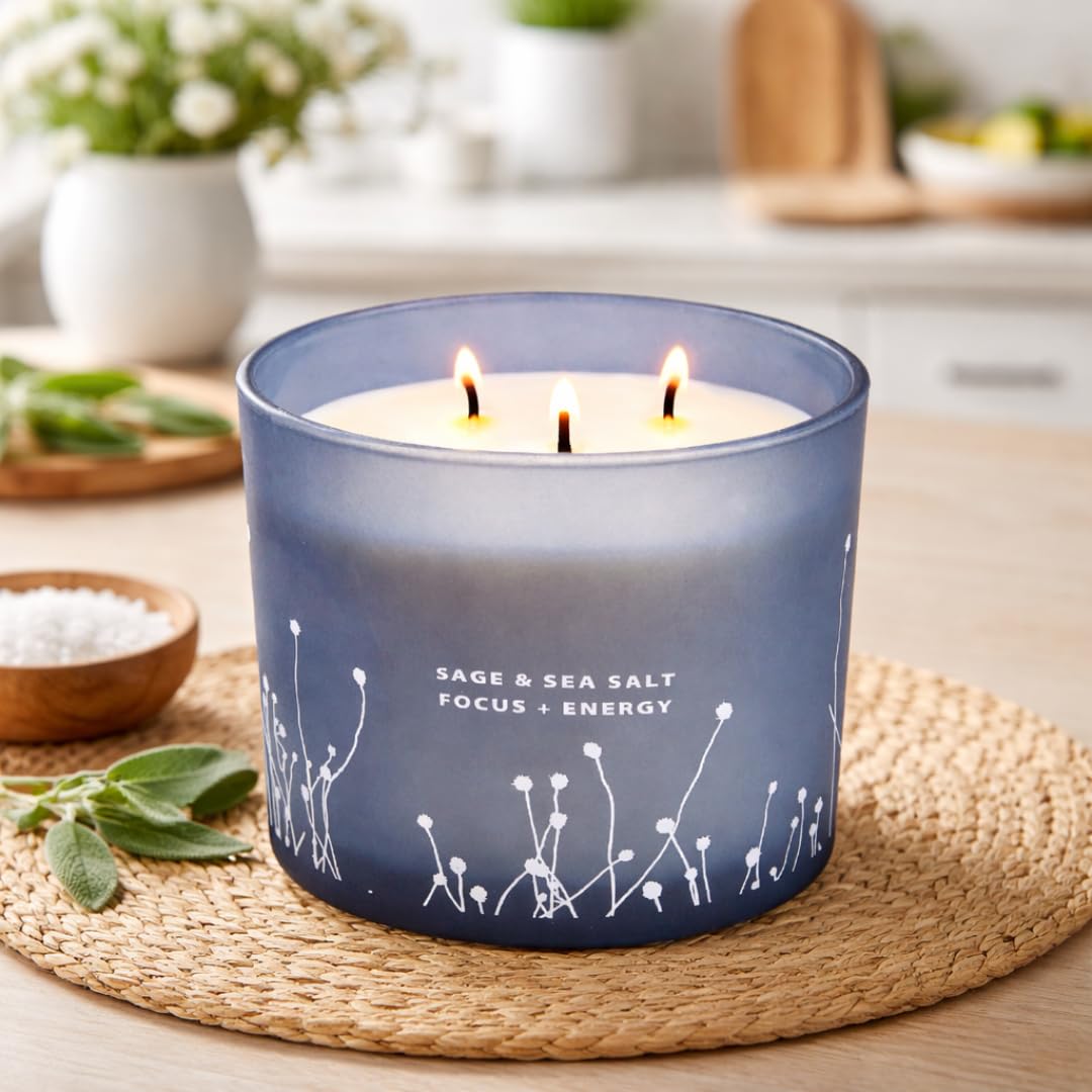 White Sage Sea Salt 3 Wick Candle - Large Soy Scented Candle 14.5 oz - Sage Candle for Cleansing House - Aromatherapy Energy Cleansing Candle for Home, Stress Relief, Women & Men