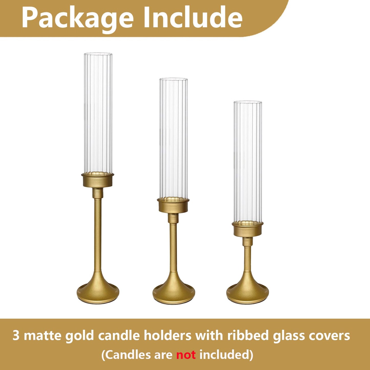 NOLIPED Gold Hurricane Candle Holders - Brass Candlestick Holders Set of 3 Tall Taper Candlesticks Fluted Glass Candle Stick Holder Decor for Wedding Party Christmas Mantel Dining Table Centerpieces