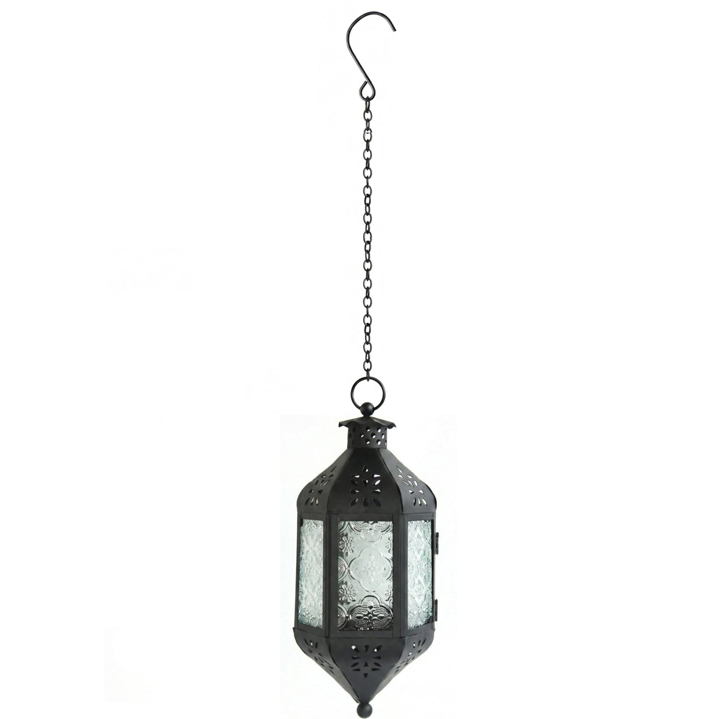 Vela Lanterns Hanging Moroccan Lamp - Exotic Decorative Patio & Porch Decor, Indoor Outdoor Tea Light Candle Lantern Holder with Chain (11" Medium, Clear Glass, 2-Pack)