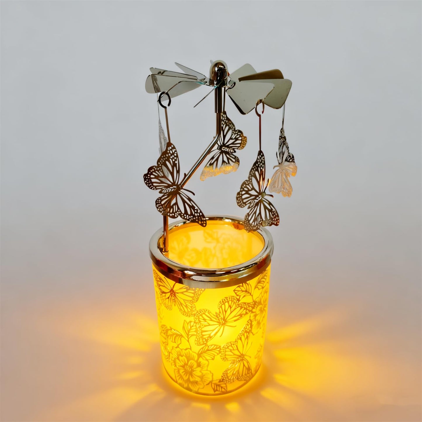Carousel Rotary Candle Holder Spinning irthday Gifts for Women, Mom, Wife, Girlfriend, Sister, Her, Metal Windmill Tea Light for Female Friends, (Silver Butterfly)
