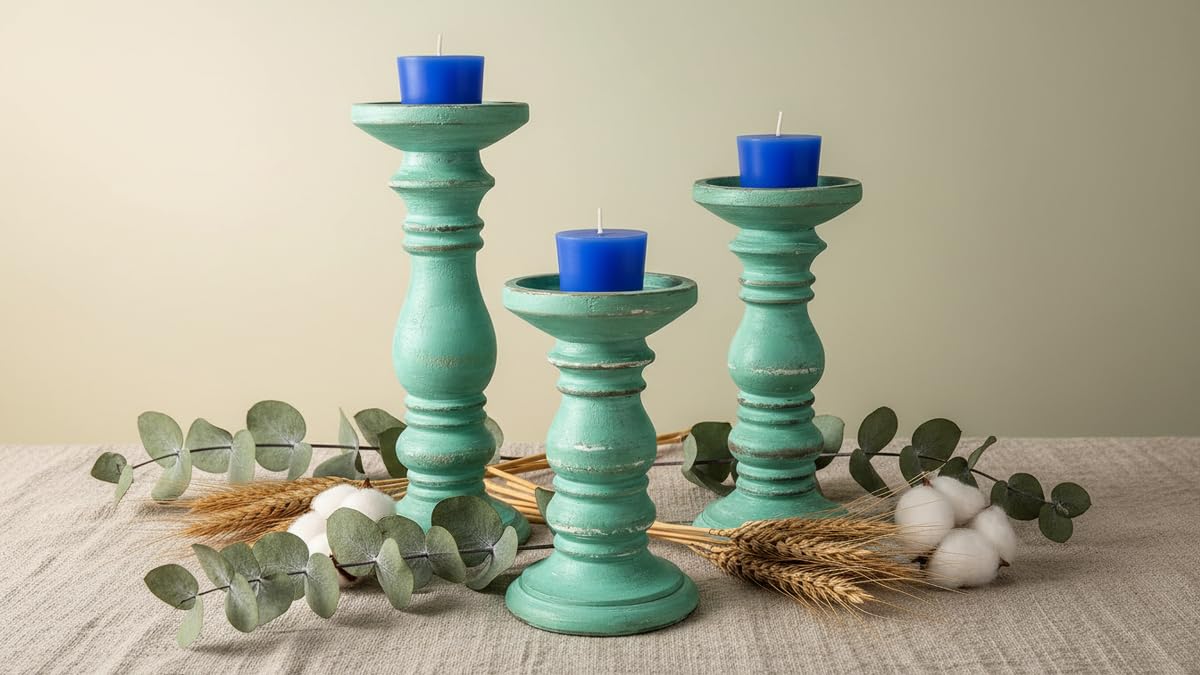 Wooden Pillar Candle Holders Set of 3, Pillar Candles,Gifts for Wedding,Party,Home, Candle Gardens Gifts - 10 Inch, 8 Inch, and 6 Inch (Green)