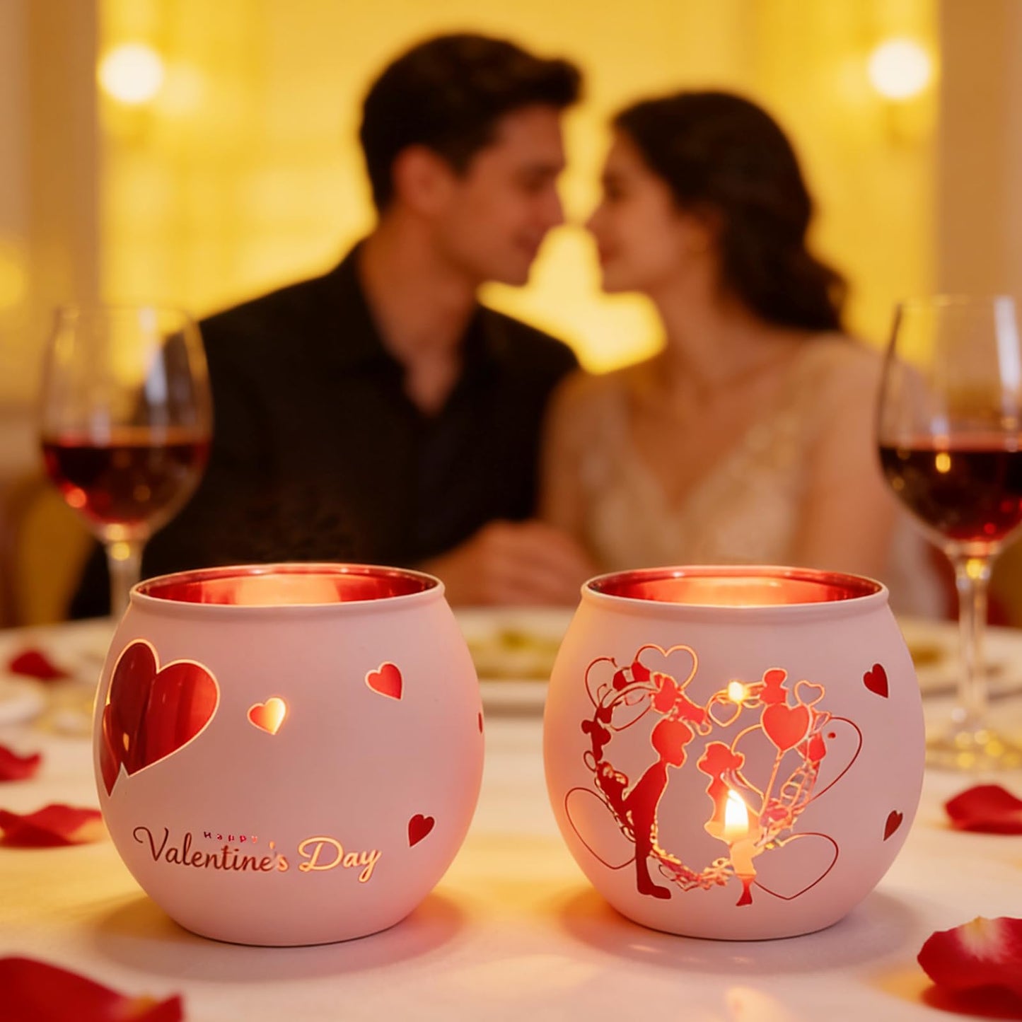 Heart Glass Tea Light Candle Holders, Votive Tealight Holder Table, Love Centerpiece Decorations for Valentines Wedding Party Decor (Pink-2)