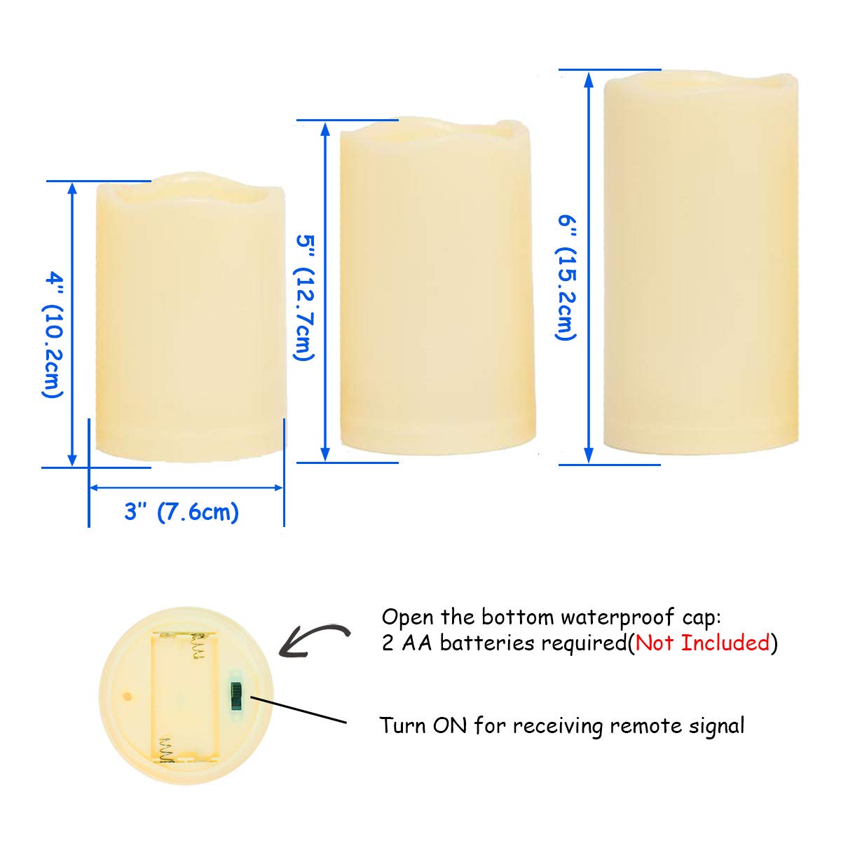 3PCS 4" 5" 6" Outdoor Waterproof LED Pillar Candles with Remote & Timer/Large Battery Operated Flickering Flameless Plastic Fake Candles for Outside Patio Decorative Hanging Lantern Home Decor
