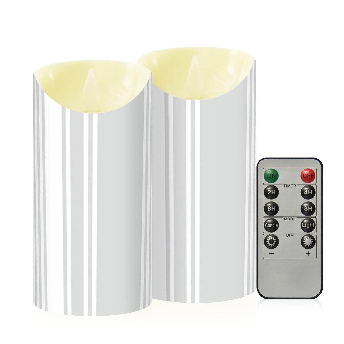 Gravopti Grey Stripe 2 Pack Flameless LED Pillar Candles with Remote & Timer, Battery Operated, Flickering Wax Candle for Wedding, Romantic Home & Party Decor