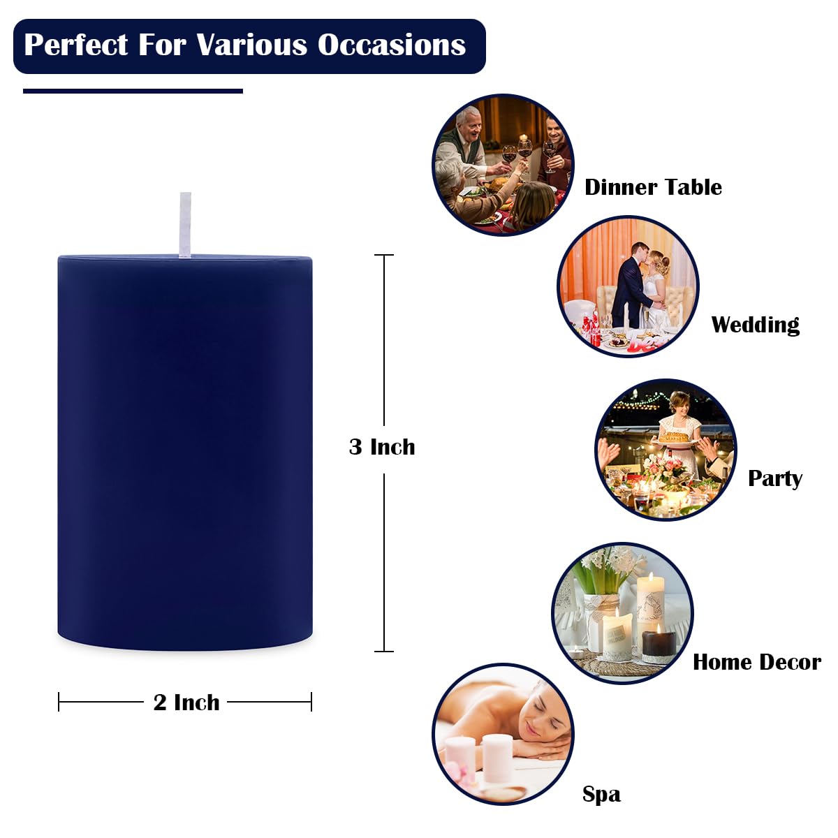 2x3 Inch Navy-Blue Pillar Candles, 12 Pack Unscented Column Candles for Home Restaurants Spa Church Weddings, Smokeless Dripless and Clean Burning Emergency Candle