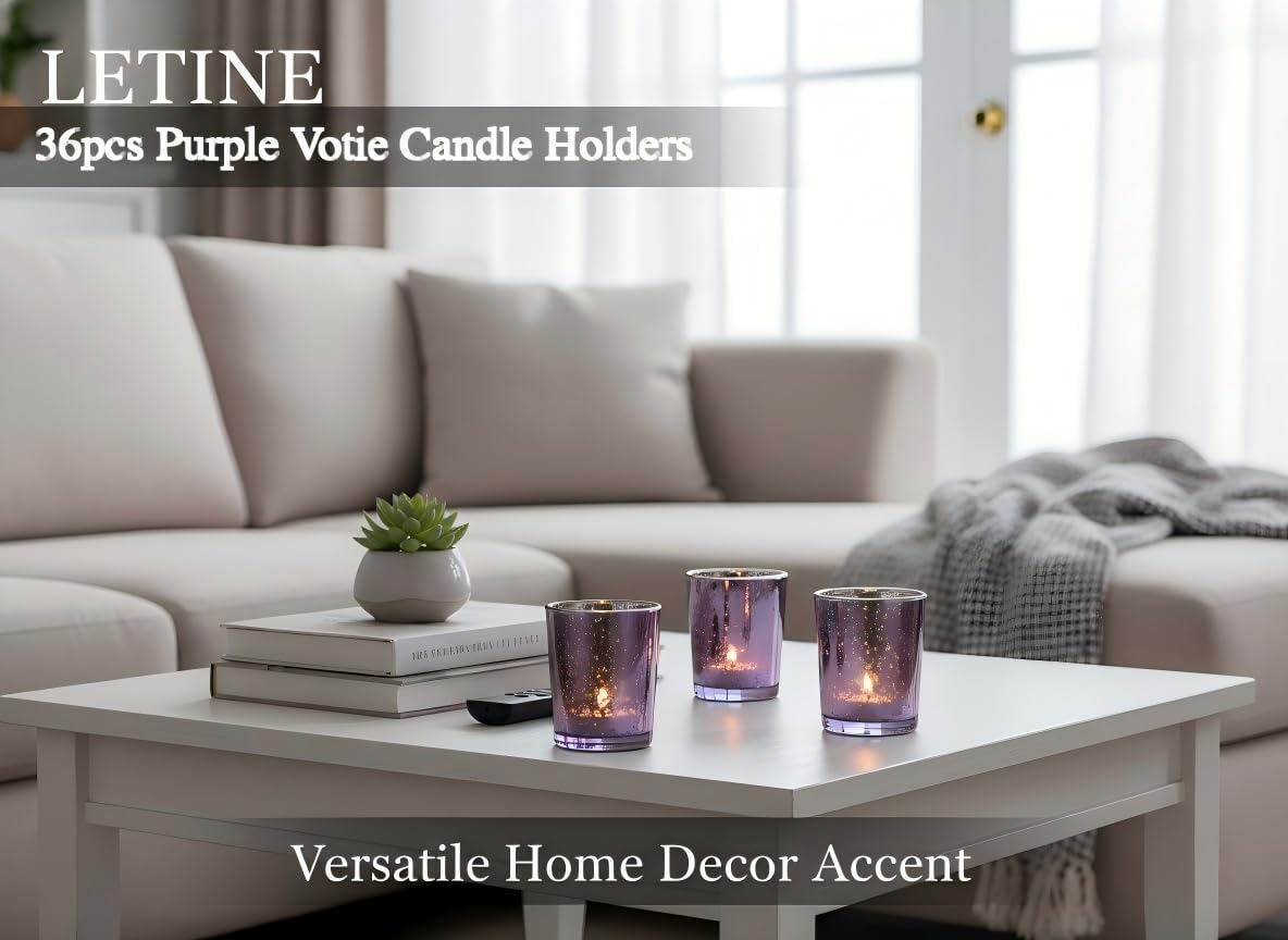 Letine 36pcs Purple Glass Candle Holder Bulk - Ideal Spring Summer Decor for Wedding Centerpiece Table,Valentine's Day