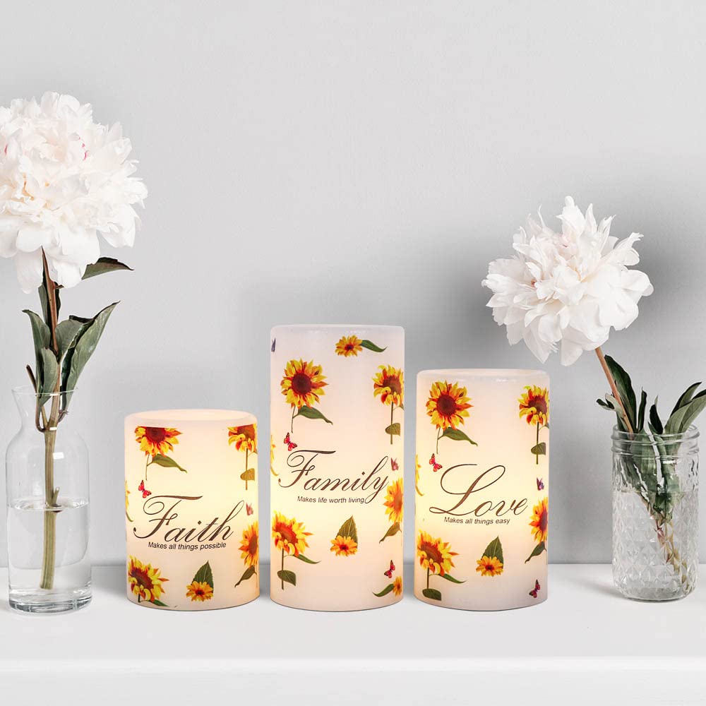 DRomance Sunflower Flameless Flickering Candles with 6H Timer, Set of 3 Battery Operated White Real Wax LED Pillar Candles Party Dinner Wedding Spring Decor(3 x 4,5,6 Inches)