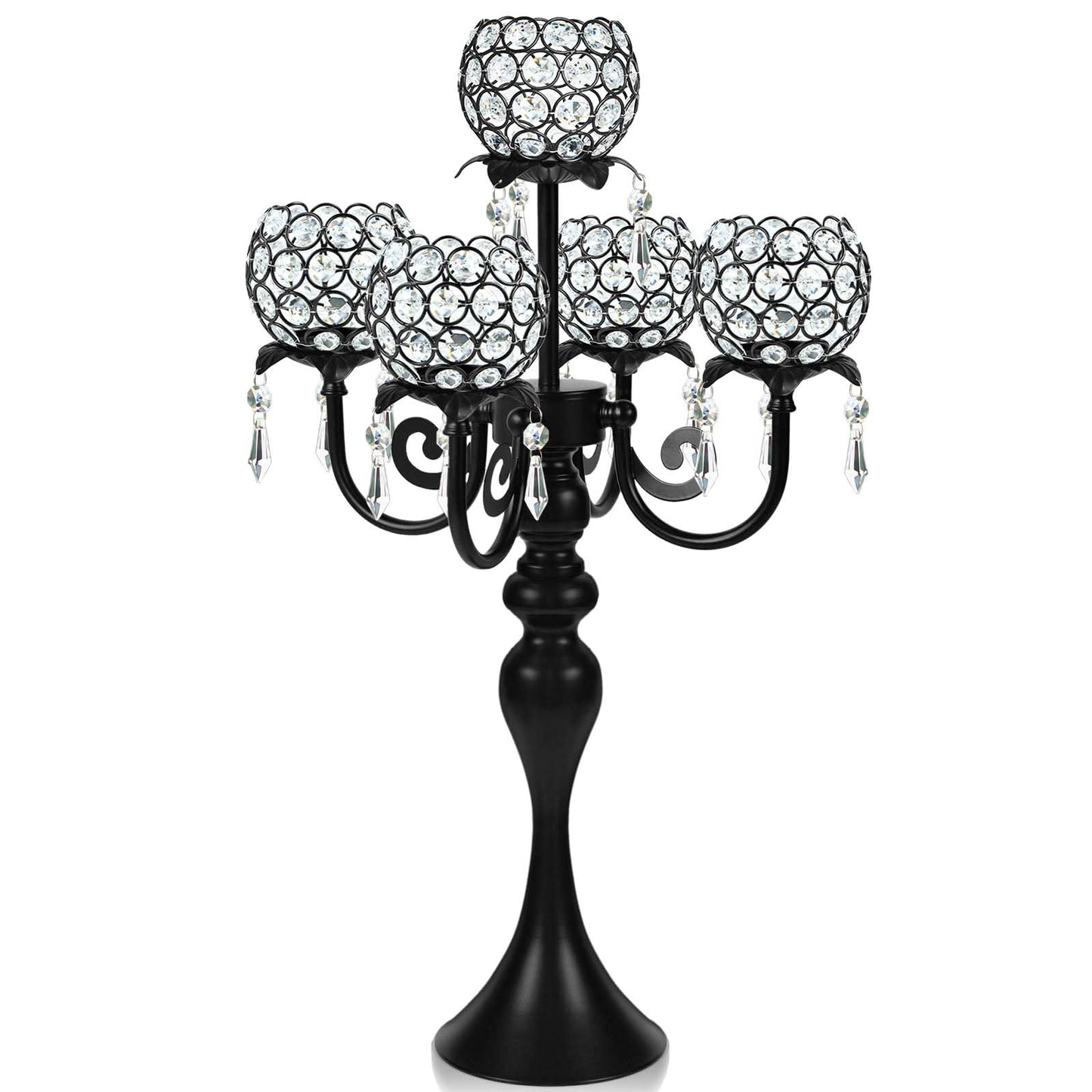 kolnlala 22.5 Inch Black 5-Arm Tea Light Crystal Candle Holder/Candlestick, Exquisite and Gorgeous Crystal Candelabra Table Centerpiece for Wedding/Holiday Events, Parties & Home Decor