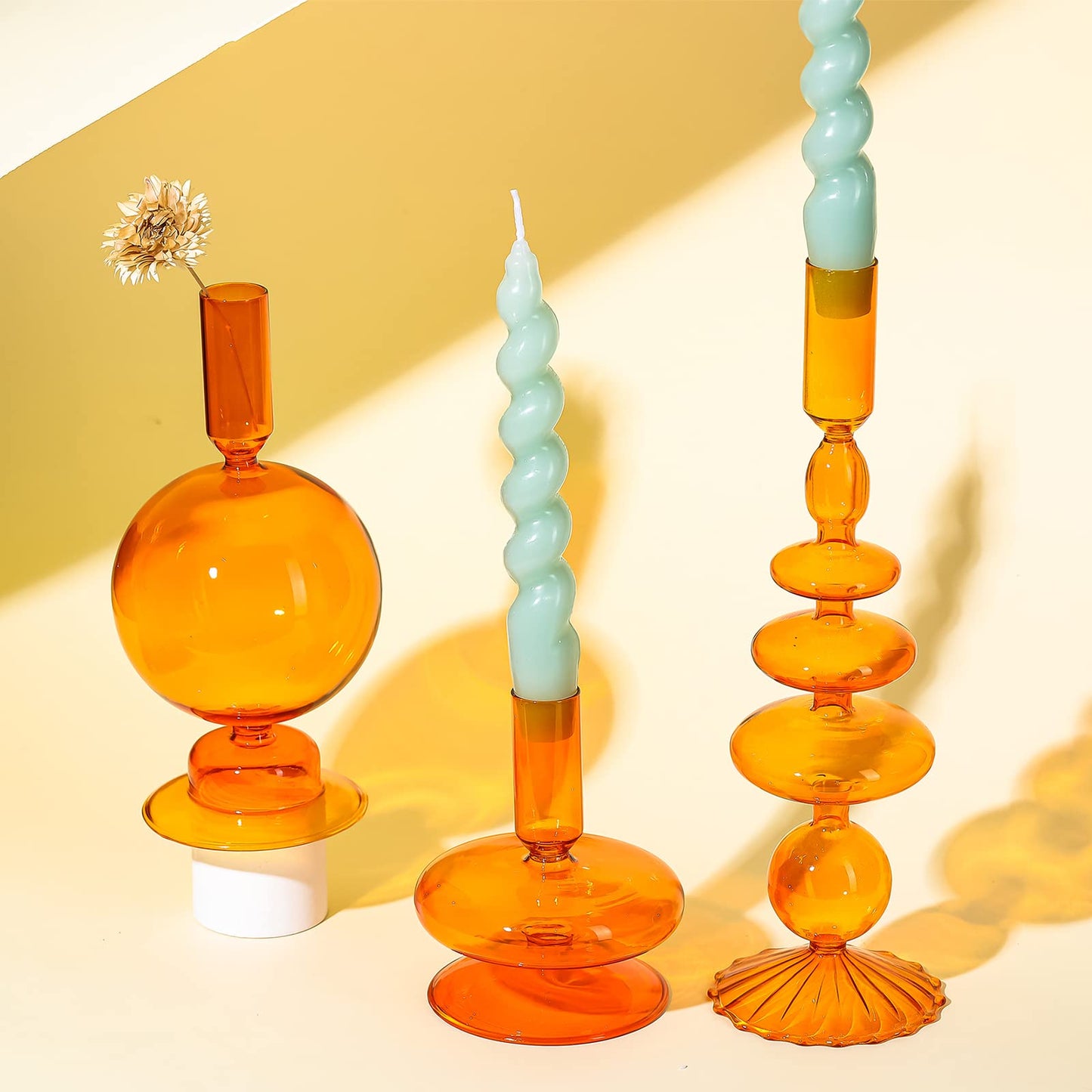 Rtteri 3 Pcs Glass Candlestick Holders Glass Candle Holders Groovy Wavy Elegant Taper Candle Stick for Wedding Home Birthday Party Easter St Patricks Day Decoration Windowsill Decor(Brown)