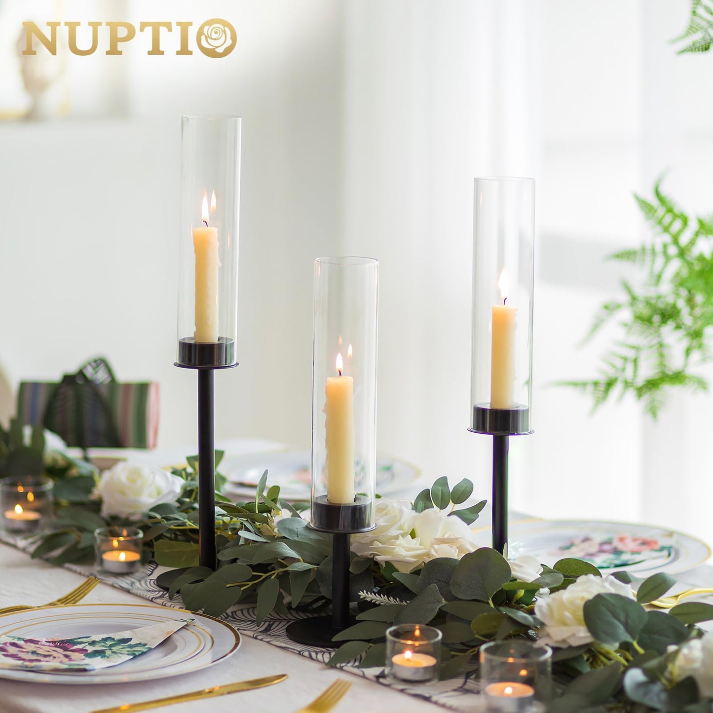NUPTIO Black Candlestick Holders for Centerpiece: Set of 3 Hurricane Taper Holder with Windproof Glass Cover Long Stem Cylinder Metal Candle Sticks Stands for Halloween Christmas Table Decoration