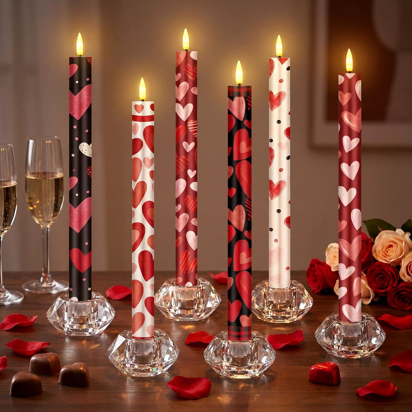 Aurelema 6 Pcs Valentines Day LED Flameless Candle Set Valentine Day Flameless Taper Candles with Heart Battery Operated Seasonal Celebration with Remote for Wedding Romantic Night