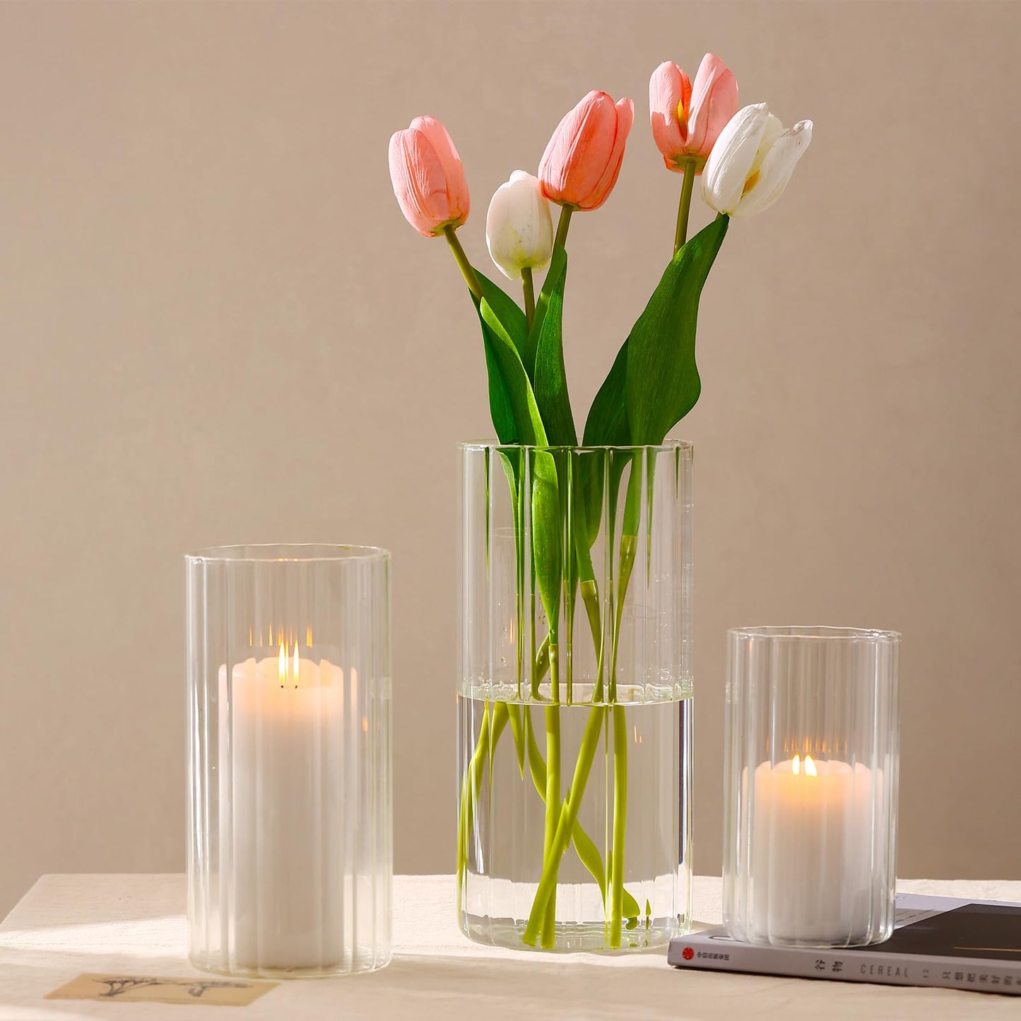 PHOSPHOR 6 PCS Ribbed Glass Candle Holder, Cylinder Candle Holders for Pillar Candles, Clear Glass Hurricane Candle Holders 6'', 8'', 10'' Glass Cylinder Centerpieces Vases