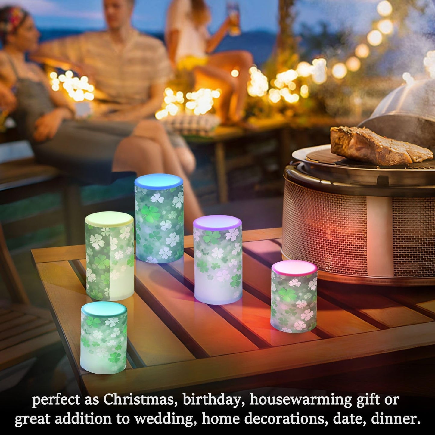 St. Patrick's Day Lights Flameless Candles St Patrick Day White Leaves Pillar Candles Set of 2 Battery Operated Remote Control Warm Lights Home Decor