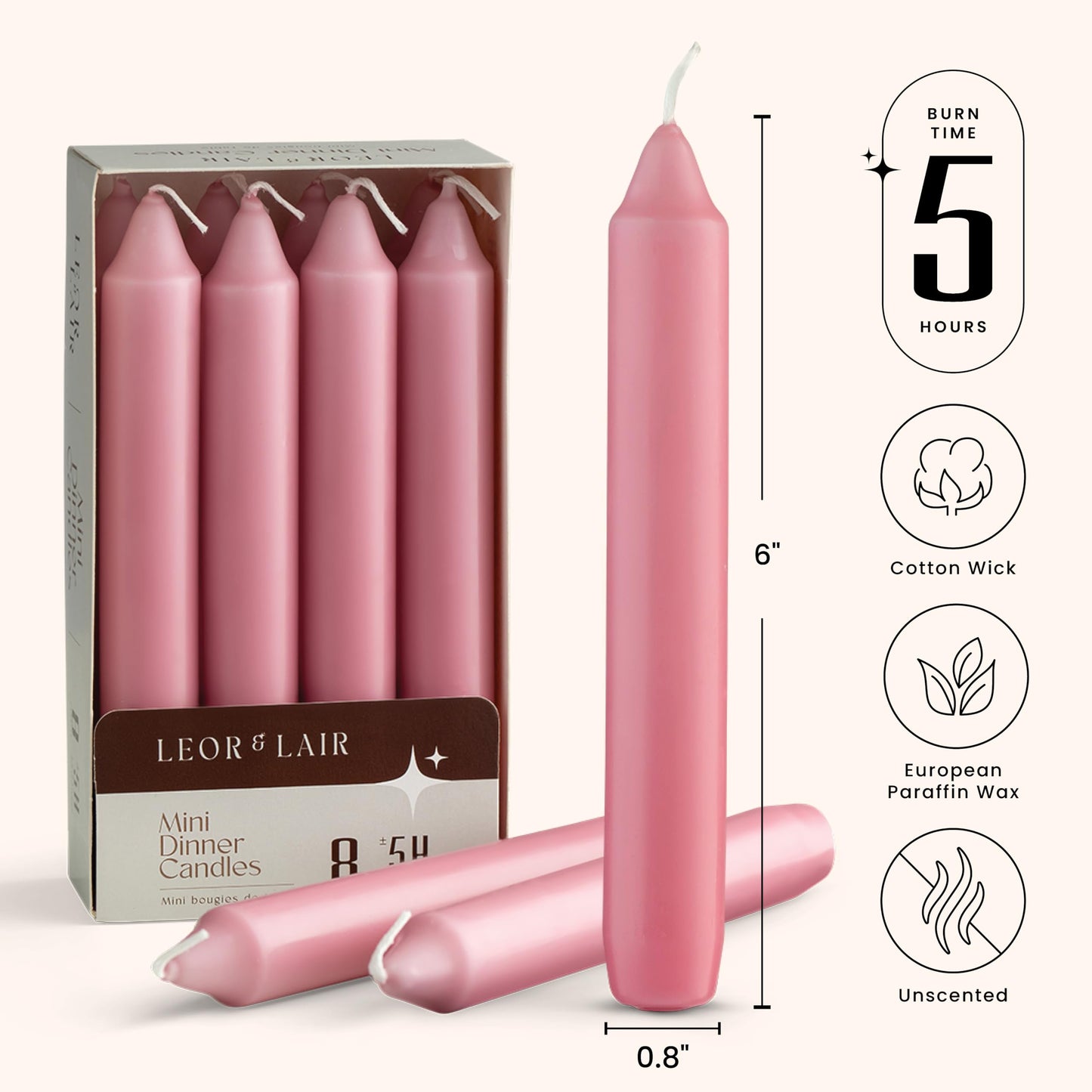 Leor & Lair Light Pink Candlesticks – Pack of 8 Short Taper Candles with Cotton Wick – 5 Hour Burn Light Pink Candles for Weddings, Valentine’s Day & Romantic Décor