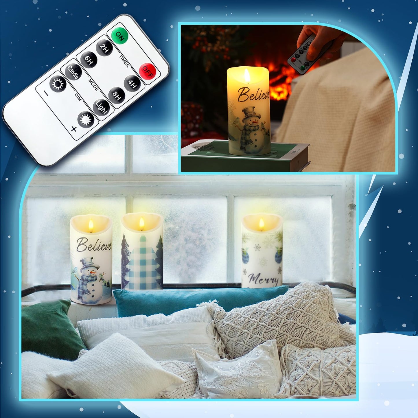 ROCEEI 3 Pcs Christmas Snowflake Style Candles Battery Operated LED Candles Winter Christmas Snowflake Style Pillar Flickering Real Wax Decorations for Indoor Table Decor Xmas Gifts Holiday Party