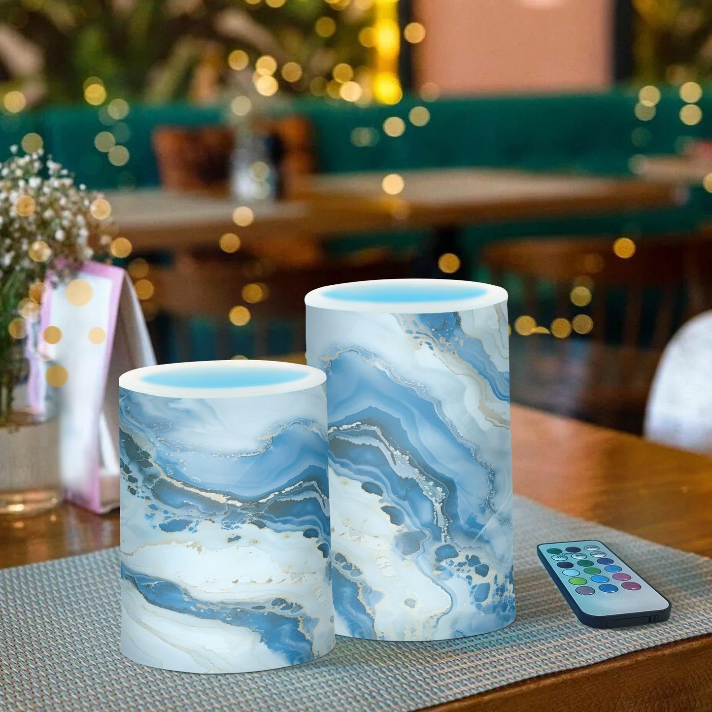 ALAZA White Blue Marble Flickering Flameless Candles Pillar Led Candles Battery Operated Candles with Remote and Timers Set of 2