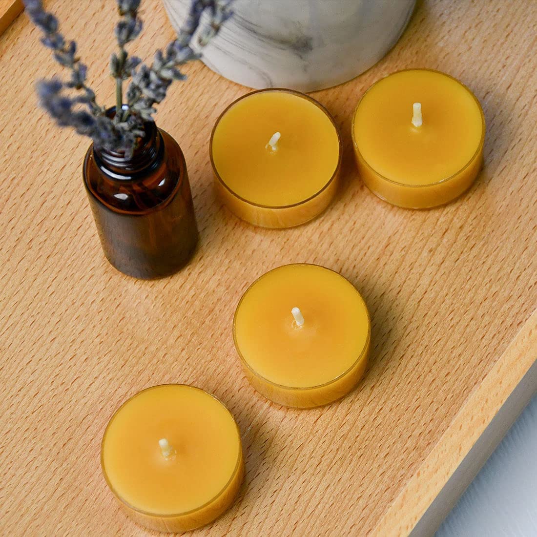 DEYBBY Natural Beeswax Tea Candles 40 Pack, Unscented Pure Organic Beeswax Tealight Candles Bulk, 4-5 Hours Small Tealights in Clear Cup for Home Decoration Emergency Bath Relaxation