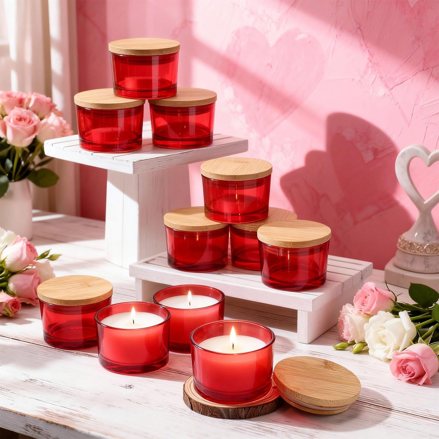 Acellegic 30 Pack 4.73 OZ Thick Candle Jars for Making Candles, Candle Jar, Wide Mouth Glass Empty Jars with Bamboo Lids for Making Candles, Bulk Container Dishwasher Safe (Red)