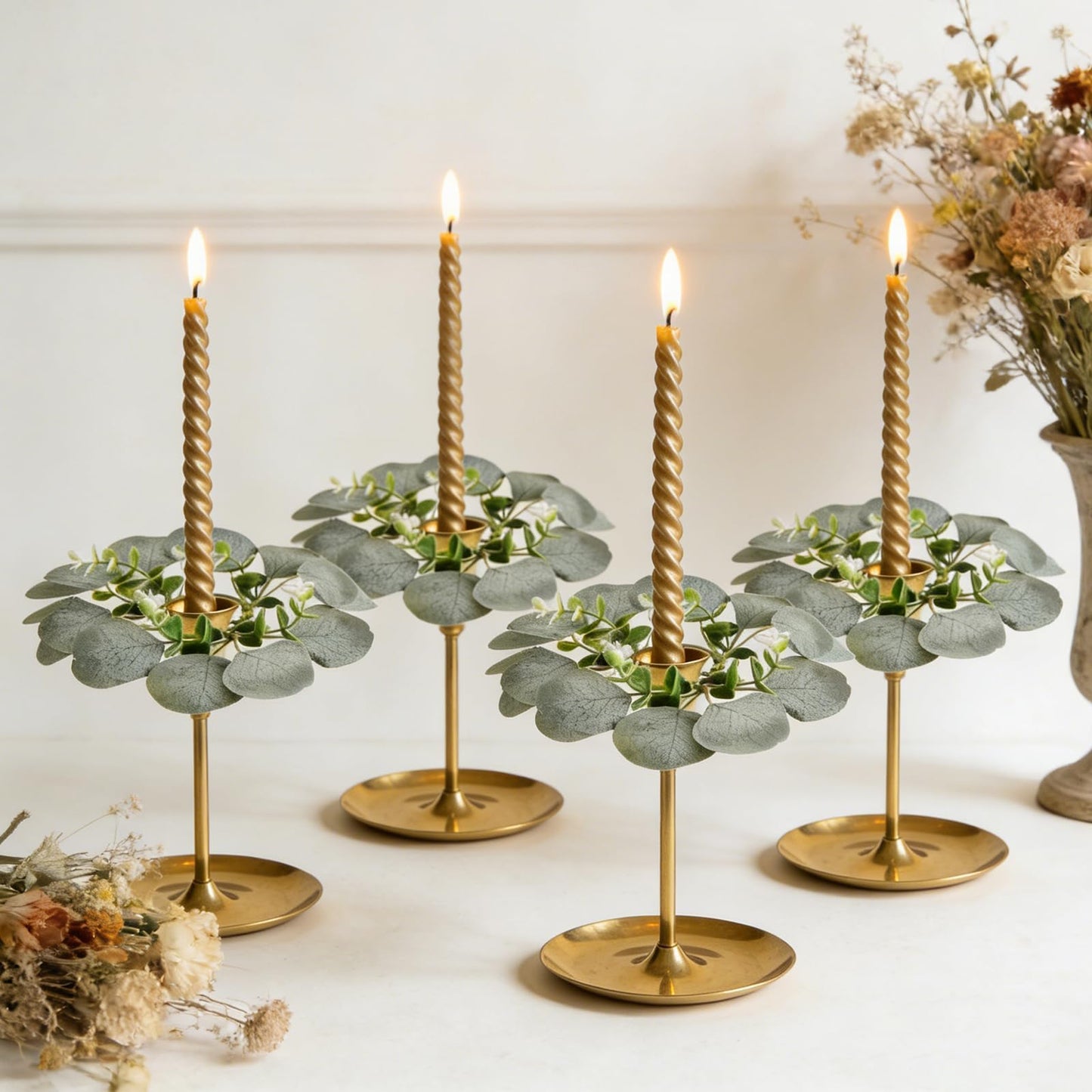 4 PCS Artificial Eucalyptus Taper Candle Rings Wreaths 1.38" Mini Spring Summer Greenery Taper Candle Holder Wreaths Green Rings Table Centerpieces Wreath for Church Farmhouse Home Candlesticks Decor