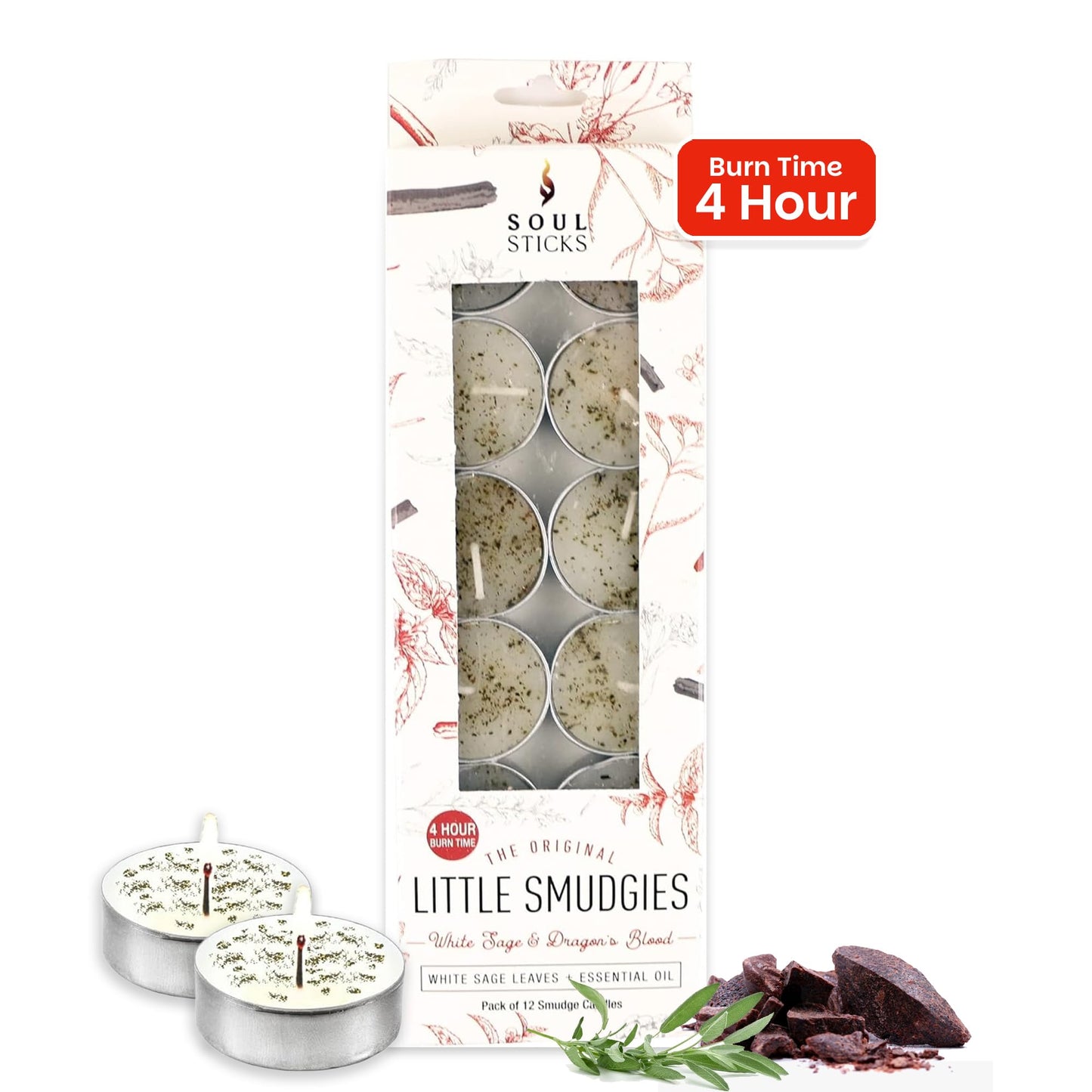 SOUL STICKS 12 Pack Little Smudgies Tealight Candles Smudge Candle for Cleansing House, Meditation, Chakra Healing | Made with Crystals and Herbs (White Sage & Dragon's Blood)