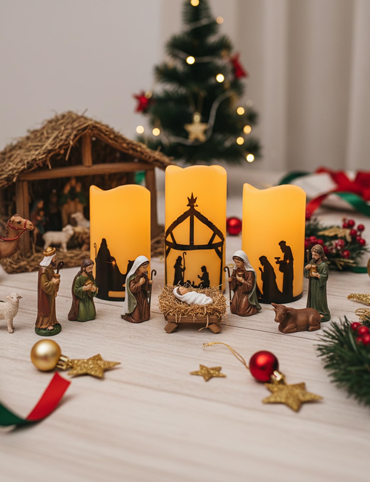 Glflickerow 3 Pcs Christmas Nativity Scene Candles with Timer Remote Battery Operated Led Pillar Religion Flameless Candles for Xmas Holiday Home Decor