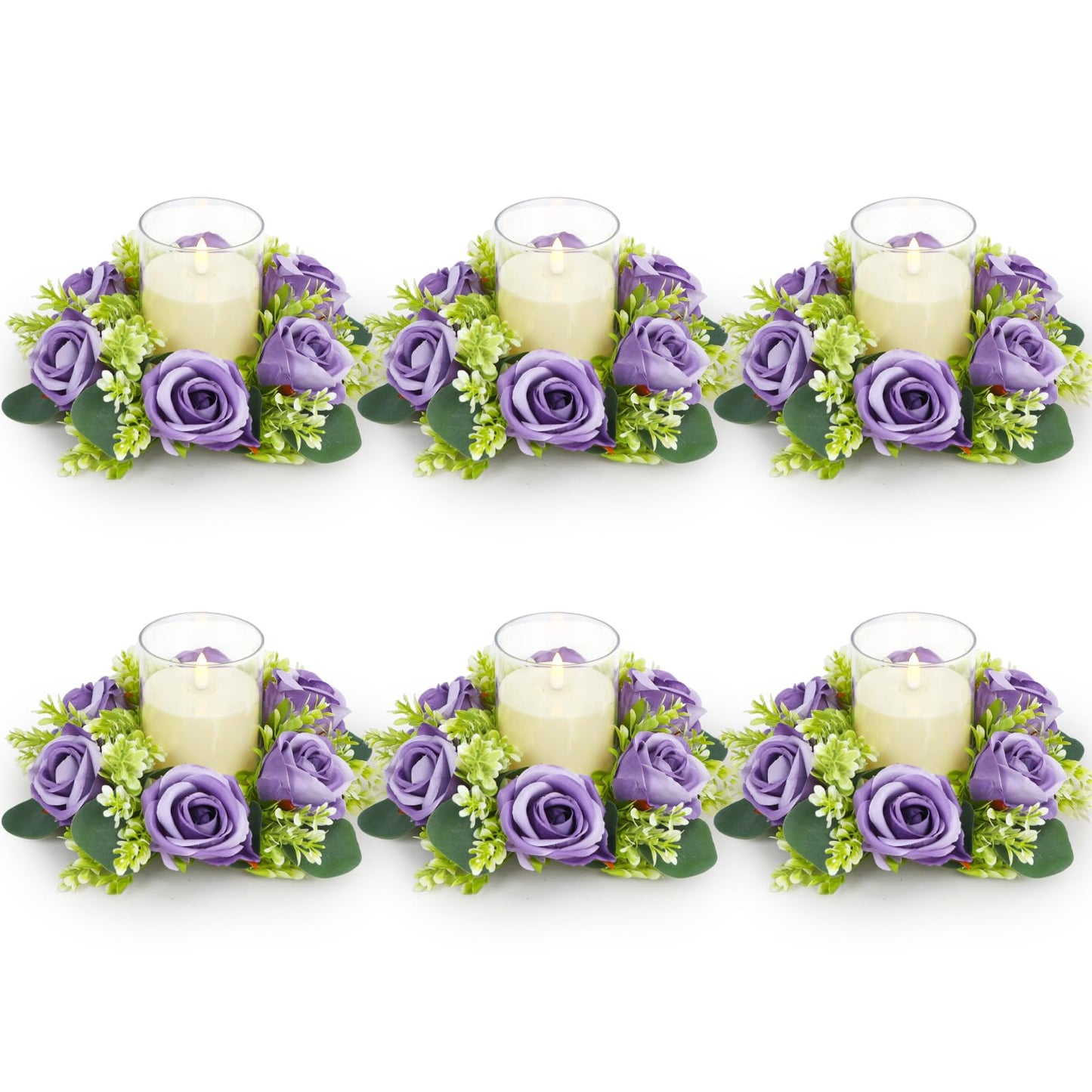 Acmee Purple Rose Candle Rings with Flameless Candles Sets - 12PCS Artificial Flower Eucalyptus Wedding Centerpiece 3 Inch Pillar Candleholders Wreaths for Wedding Party Decor (Purple - 6 Sets)