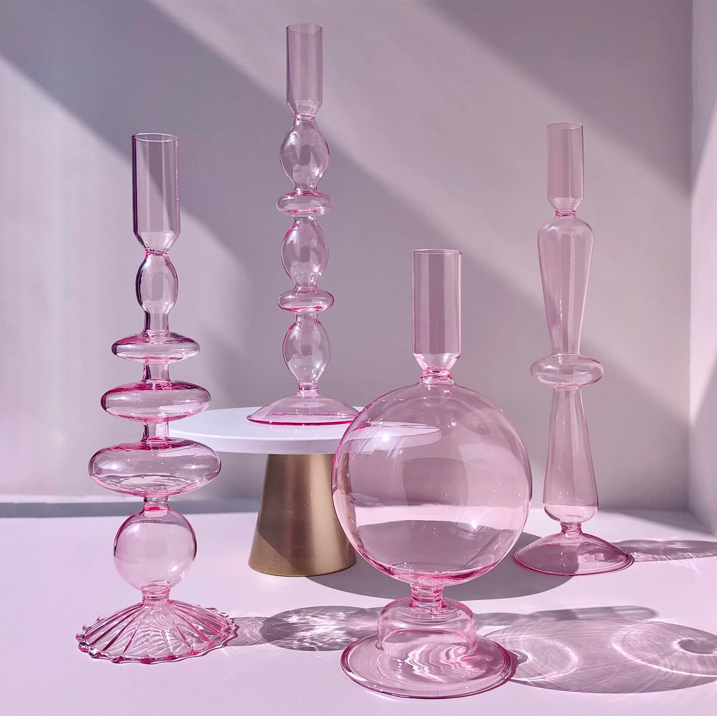 Amanman Candle Stick Candle Holder, Glass Candle Holders for Table Centerpiece, Modern Style Pink Candle Holder Mixed 4pcs