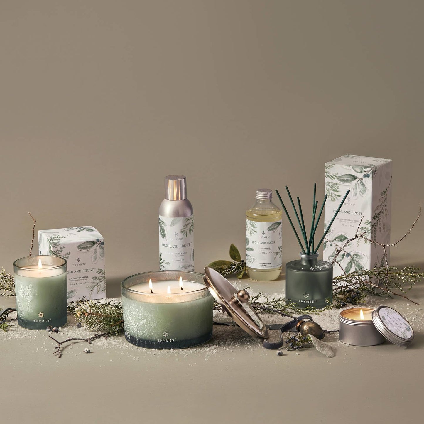 Thymes Scented Candles for Home Decor - Luxury Home Fragrance Gifts for Women & Men - Winter Candles with Crisp Notes of Sage, Eucalyptus, & Cypress Needles - Sage-Green (Highland Frost, 6.5 oz)