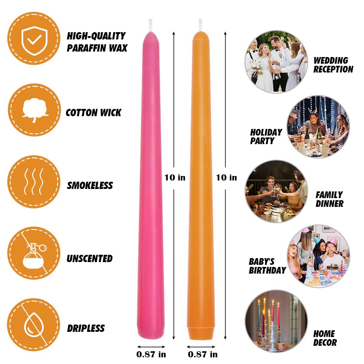 6-Pack Orange and 6-Pack Hot Pink Taper Candles, 10 Inch Unscented Dripless Candlesticks, Long-Lasting Burn Time of 7-8 Hours, Perfect for Home Décor Dinner Party