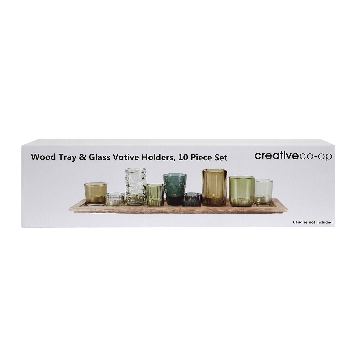 Creative Co-Op Wood Tray with 9 Green Glass Votive Holders
