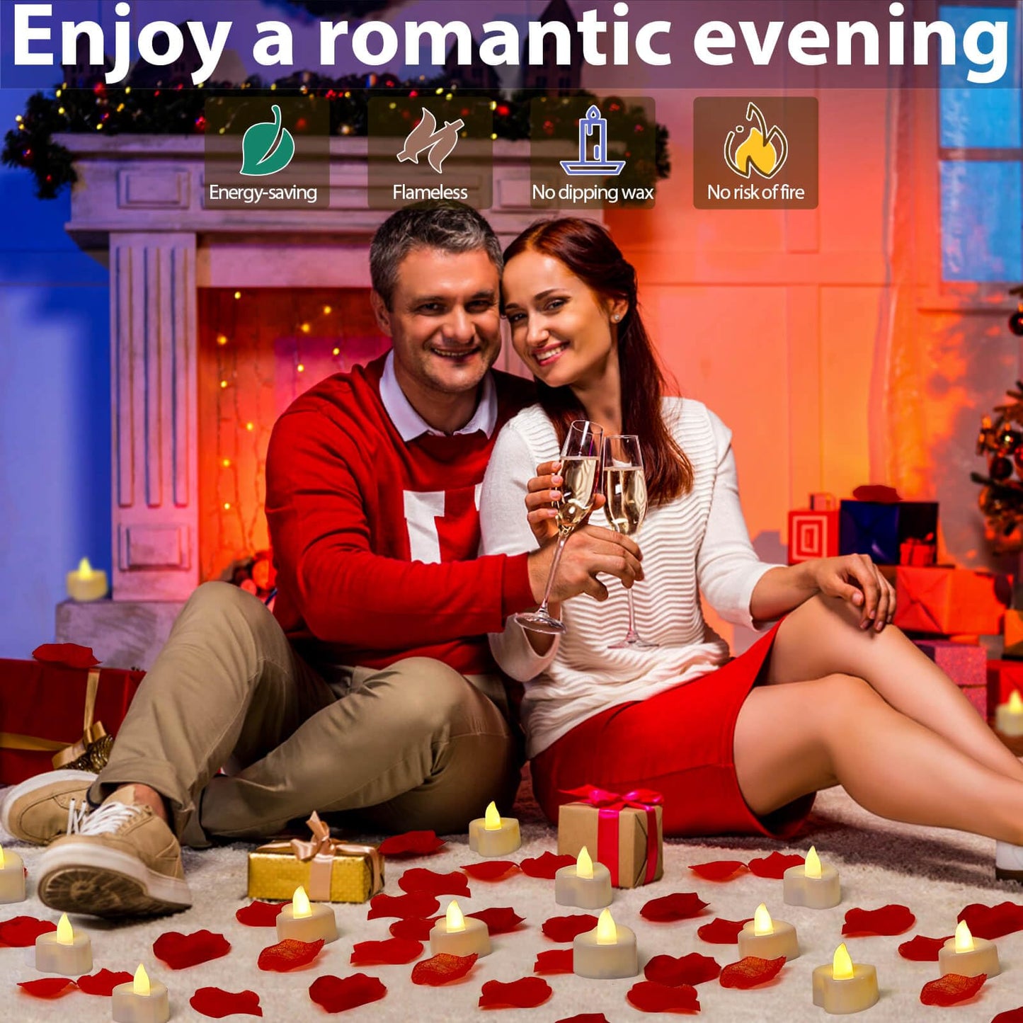 Audab Rose Petals and Candles Set for Romantic Decorations, 48 Romantic Candles with 4000 Fake Rose Petals for Special Night, Hotel Room, Date Night, Bedroom, Valentine's Day Decorations