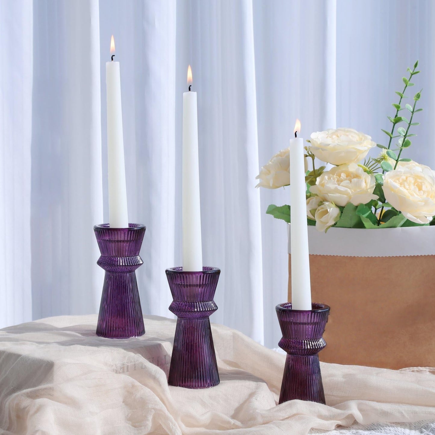 VOHO Purple Ribbed Taper Candle Holders Set of 3, Minimalist Style Glass Candle Holder for Candlesticks and Tealight Candles, Classy Candlestick Holders for Easter Halloween Wedding Decor